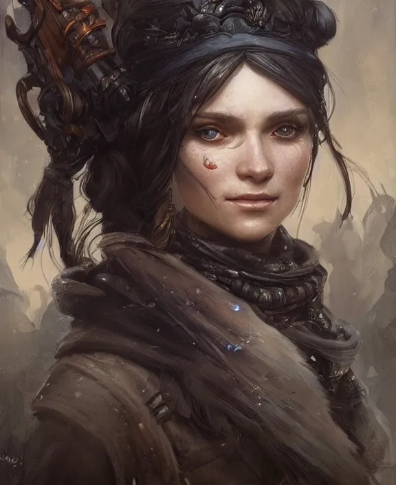 Image similar to portrait of a frostpunk warrior, half body, d & d, fantasy, intricate, elegant, highly detailed, digital painting, artstation, concept art, art by artgerm and greg rutkowski and alphonse mucha