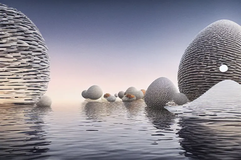 Image similar to a building composed of many multi - white spherical egg - shaped spaces. on the calm lake, people's perspective modern curved architecture, future, award winning, highly detailed 4 k art, dusk, by kazuyo sejima