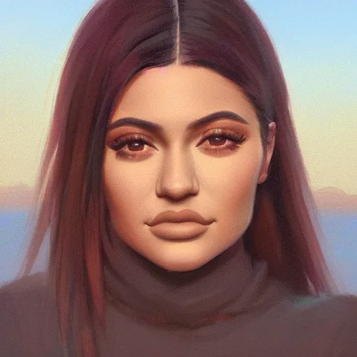 Prompt: a closeup portrait of a kylie jenner, dramatic light, lake background, sunset, dark, painted by stanley lau, painted by greg rutkowski, painted by stanley artgerm, digital art, trending on artstation