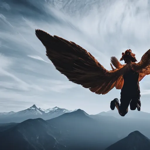 Image similar to winged man, flying over a mountain, dramatic lighting, 4 k, photography, award winning photo