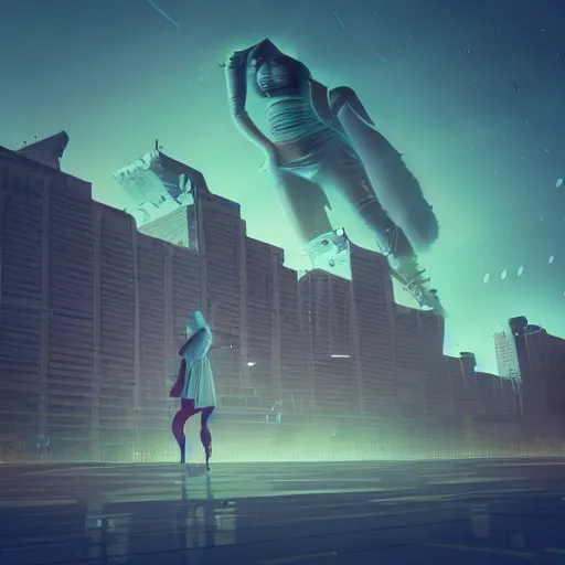 Image similar to a giant woman destroying a city, in the style of Beeple, 4k,
