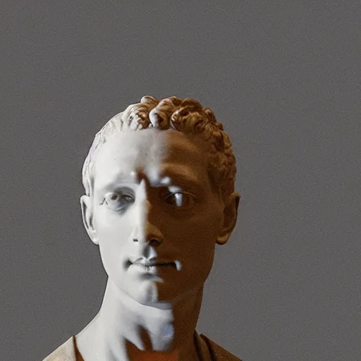 Prompt: a 3 d neon ring surrounding a renaissance statue head