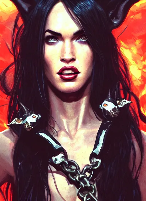 Image similar to portrait of megan fox as a evil demon with hornes, collar and leash, batwings, hell, dark, intricate, headshot, key visual, conceptart, ambient lighting, highly detailed, digital painting, artstation, concept art, sharp focus, by makoto shinkai and akihiko yoshida and greg manchess