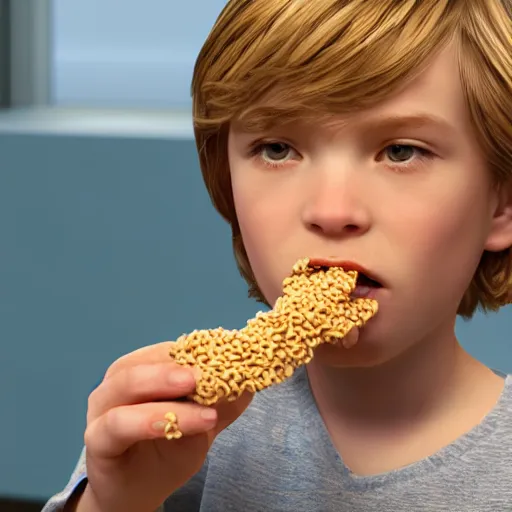 Prompt: a young blonde boy eating cheerios, hyperrealistic, 4k, unreal engine