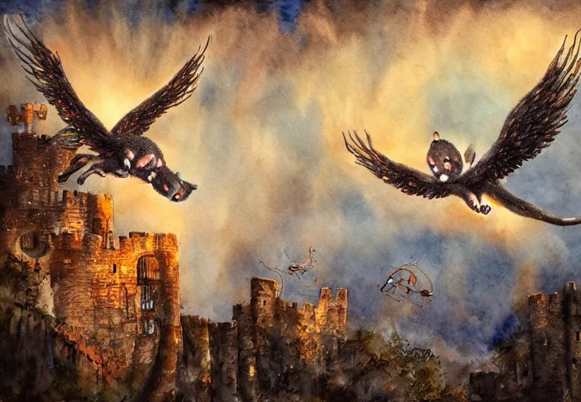 Image similar to legendary fire winged possum flying over a medieval forest castle at night under the dark starred sky, dark fantasy, watercolor, dreaming illusion, highly detailed, 4k, trending on Artstation