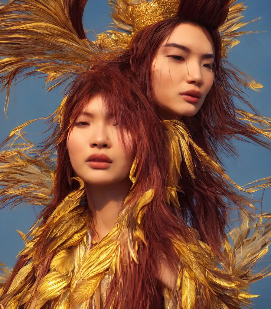 Image similar to closeup photoshoot of asian goddess of bliss and honey, feathers hair, silk flowing in wind, totemic ritualistic tarot sigils embedded in ruby skin, photoreal, unreal engine, redshift render, trending on artstation