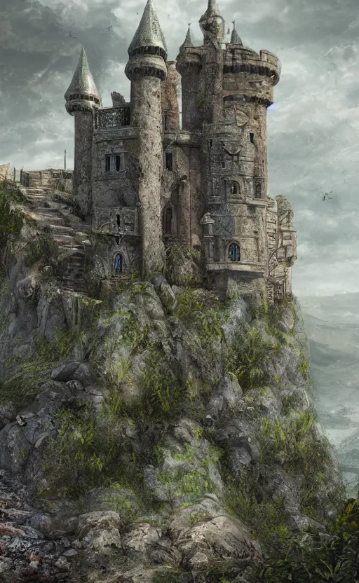 Image similar to a abandoned castle on the edge of a high cliff, 8 k, shallow depth of field, intricate detail, concept art,