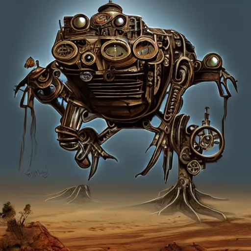 Image similar to giant steampunk mechanical frog, concept art, wild west, desert, digital art