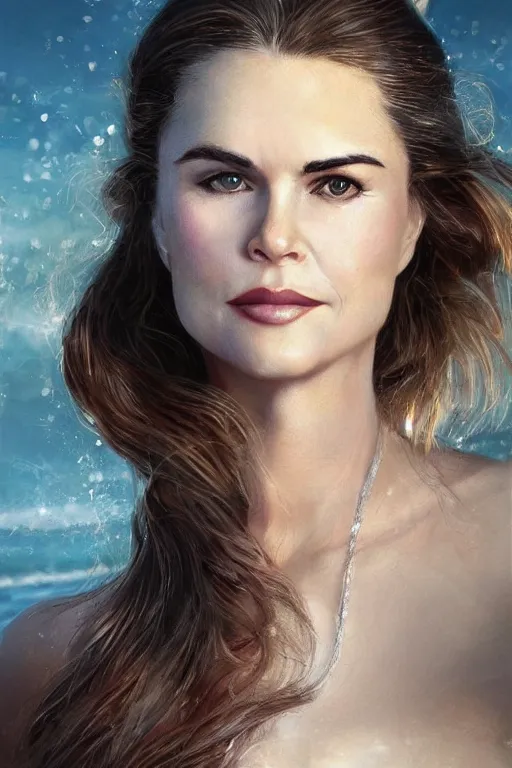 Image similar to portrait of a mix of beautiful young maria shriver, mariel hemmingway, brooke shields, nicole kidman and elle macpherson as a mermaid, thin lips, hair tied up in a pony tail, colorful artstation, cgsociety