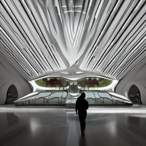 Image similar to extremely elegant detailed stunning beautiful futuristic museum lobby interior by Zaha Hadid