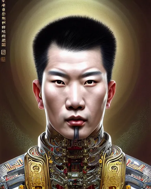 Image similar to portrait of a chinese masculine male cyberpunk machine, machine face, upper half portrait, decorated with chinese opera motifs, muscular arms, asian, fine china, wuxia, traditional chinese art, intricate, elegant, highly detailed symmetry headpiece digital painting artstation concept art smooth sharp focus illustration, art by artgerm and greg rutkowski alphonse mucha 8 k