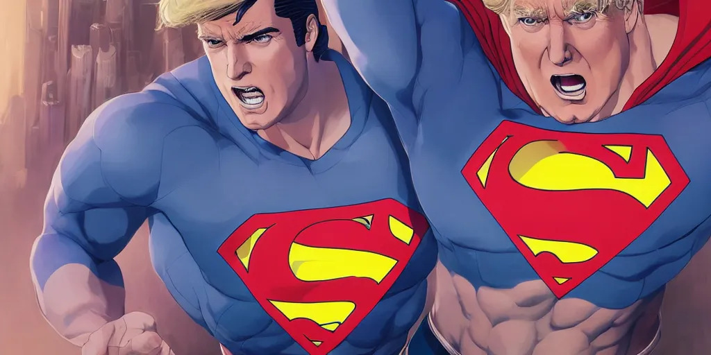 Image similar to donald trump as superman, studio portrait, detailed face close - up, art by makoto shinkai, studio ghibli, greg rutkowski, wlop, artgerm, highly detailed, 4 k, digital art, high quality