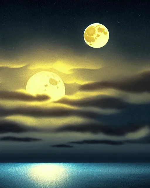 Prompt: full moon night scene, clouds, ocean, scenery wallpaper aesthetic, beautiful, cinematic, dramatic, super detailed and intricate, hyper realistic, 4 k render, by satoshi kon, by darwyn cooke, by kentaro miura, by koson ohara, by hasui kawase