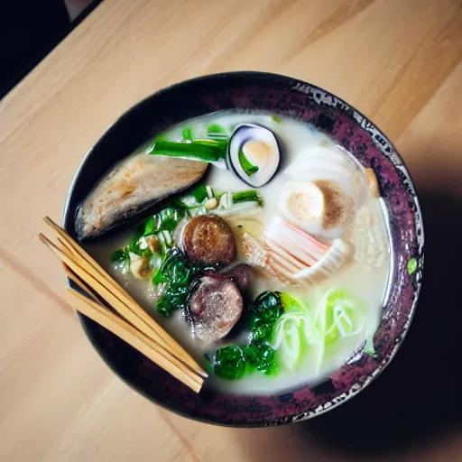 Image similar to A top view of a tonkotsu ramen next to a window on a rainy day