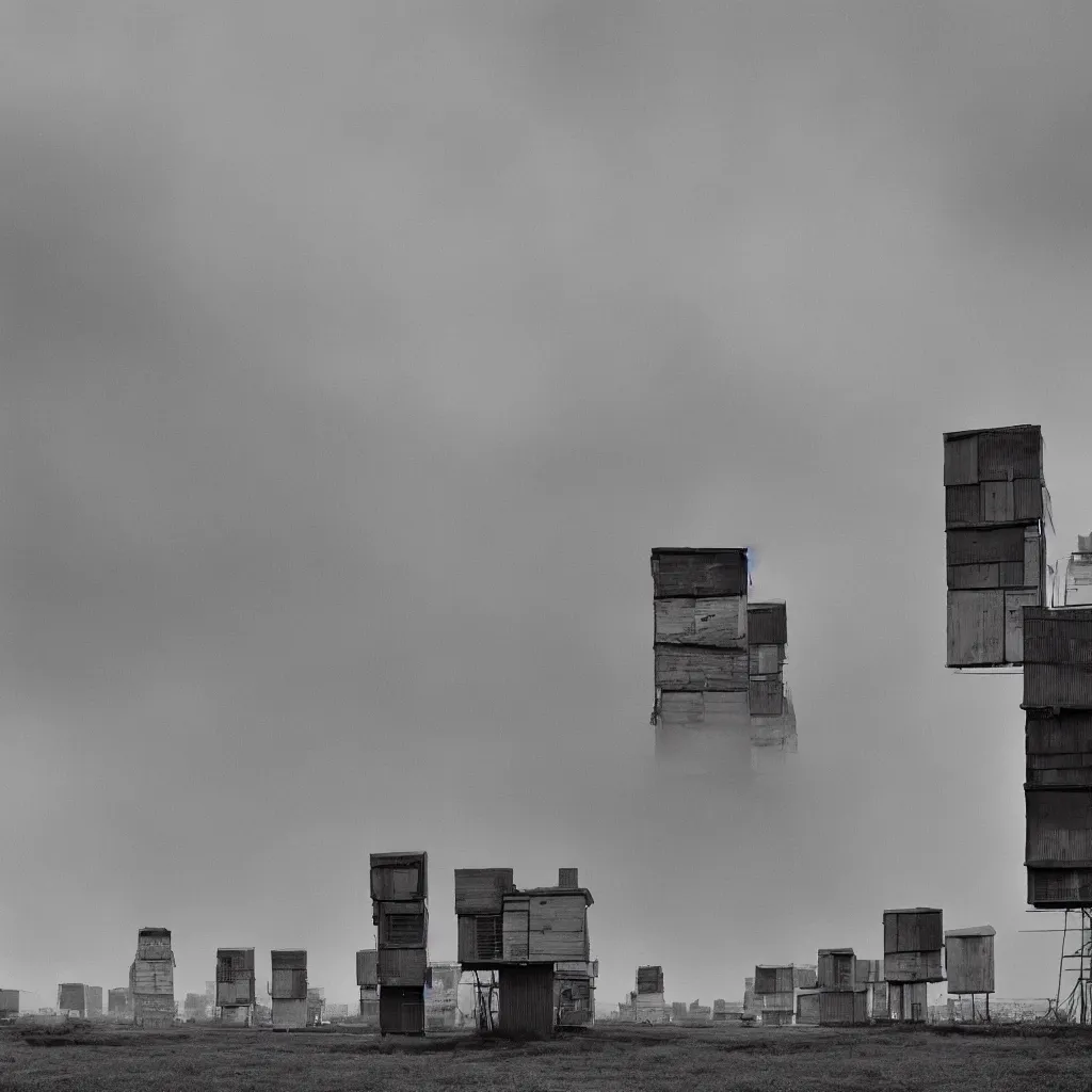 Image similar to towers made up of colourful makeshift squatter shacks, pastel tones, plain uniform sky at the back, misty, mamiya rb 6 7, ultra sharp, very detailed, photographed by ludwig mies van der rohe