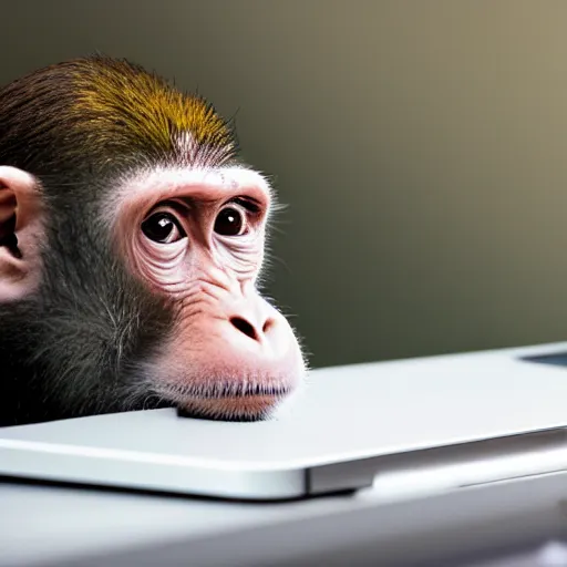 Image similar to award winning photo of a monkey curiously looking at a laptop. Studio photography