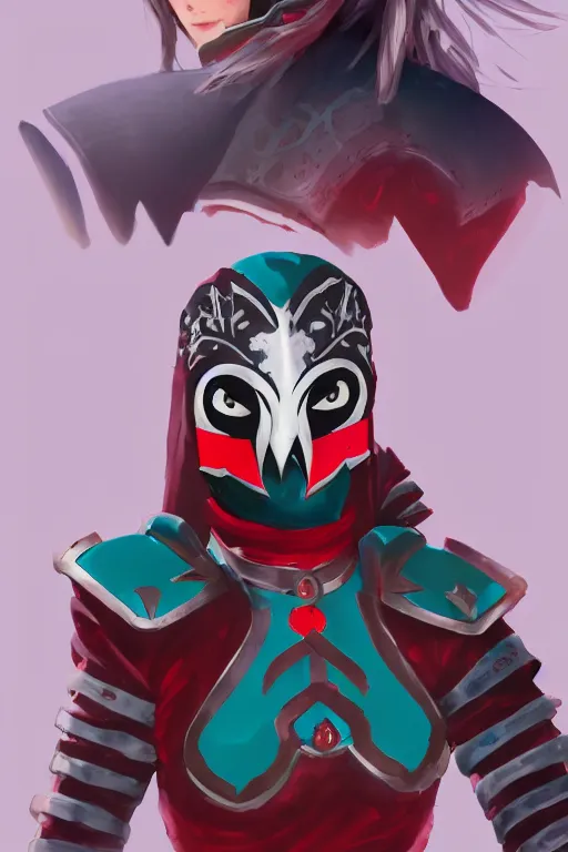 Image similar to female adventurer in tight full - body teal leather armor of japanese design with red accents and a white porcelain crow mask, trending in artstation, japanese, artstation, big moon in the background, establishing shot