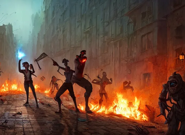 Image similar to a battle in the ruined streets at night between 3 d pixar disney zombies and 3 d heroic survivor in the style of pixar walkind dead, being lit by fireflames, medium shot, studio ghibli, pixar and disney animation, sharp, rendered in unreal engine 5, anime key art by greg rutkowski, bloom, dramatic lighting