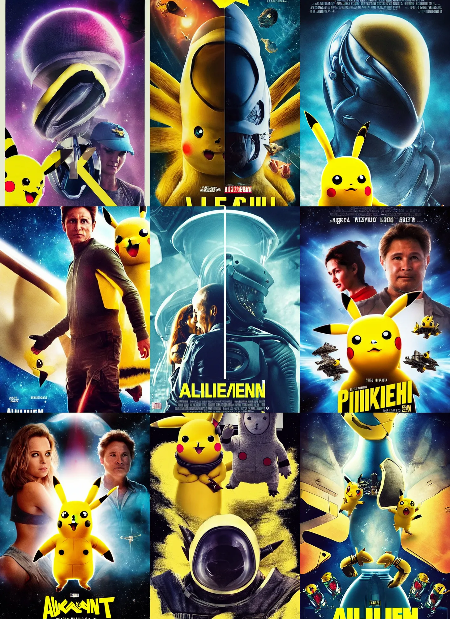 Prompt: Alien vs Pikachu movie poster