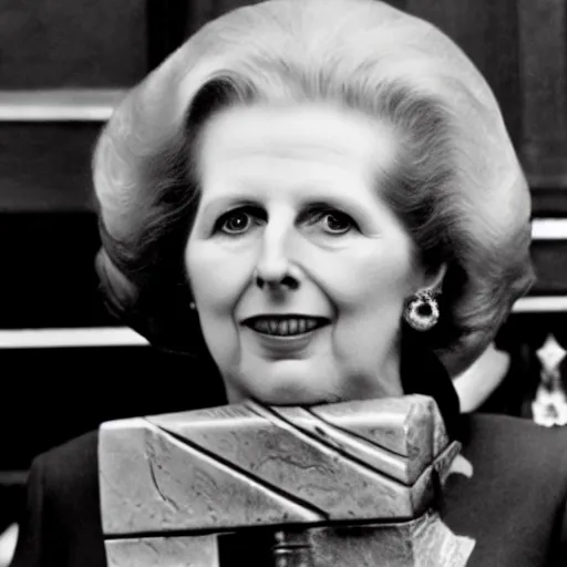 Prompt: margaret thatcher lay on a guillotine