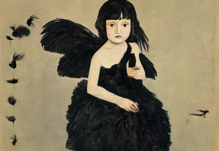 Prompt: beautiful little girl with a short black haircut wearing a dress made of black feathers, artwork in balthus art style, anatomically perfect