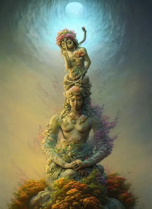 Prompt: statue of a long forgotten deity with flowers sprouting out of it, serene, in the style of tomasz alen kopera and fenghua zhong and peter mohrbacher, mystical colors, rim light, beautiful lighting, 8 k, stunning scene, raytracing, octane, trending on artstation