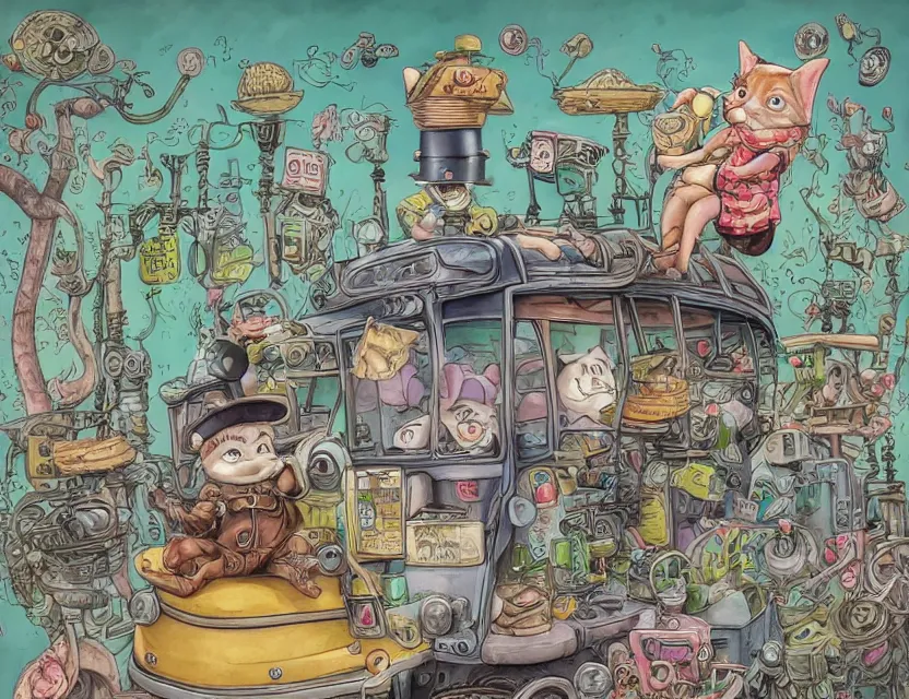 Image similar to cute and funny, a garden gnome driving a steampunk bus, a cat on the roof holding on, ratfink style by ed roth, centered award winning watercolor pen illustration, isometric illustration by chihiro iwasaki, edited by range murata, tiny details by artgerm and watercolor girl, sharply focused