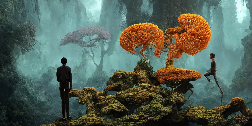 Image similar to Photorealistic intricate detailed levitating man made from colorful fungus tendrils. a gentle rising mist, an epic rocky landscape. occult photorealism, UHD, amazing depth, glowing, golden ratio, 3D octane cycle unreal engine 5, volumetric lighting, cinematic lighting, cgstation artstation concept art