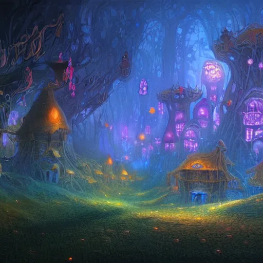 Image similar to concept art detailed painting of a dark purple fantasy fairytale fungal town made of mushrooms, with glowing blue lights, in the style of albert bierstadt