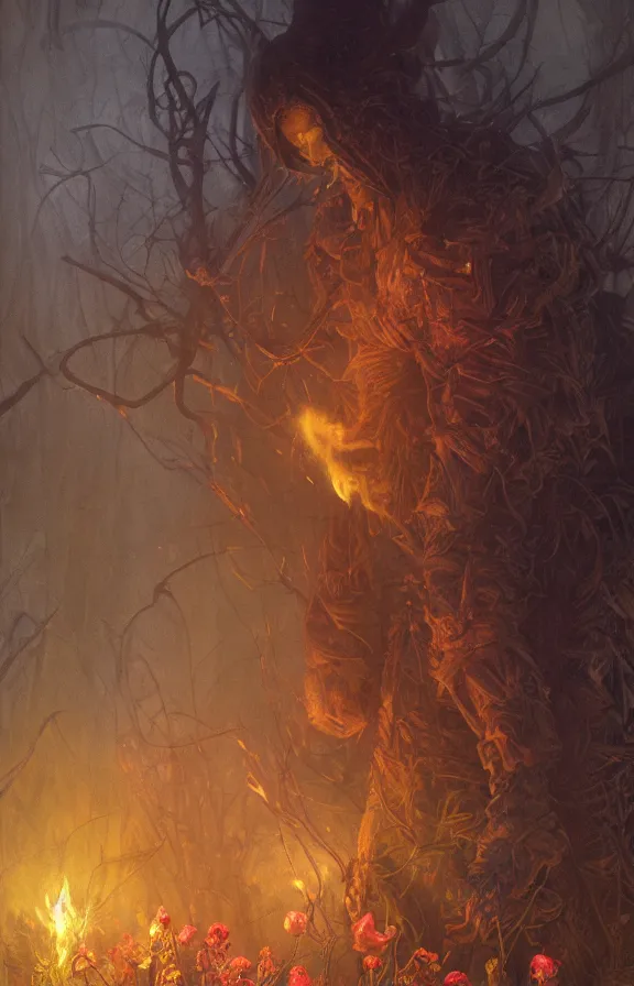 Image similar to a knight among flowers in dark forest surrounded by fire and smoke, moody, rim light, dynamic lighting, cinematic shot, gritty, ultra - detail, renderman, physically based render, jean delville, gustave dore and marco mazzoni