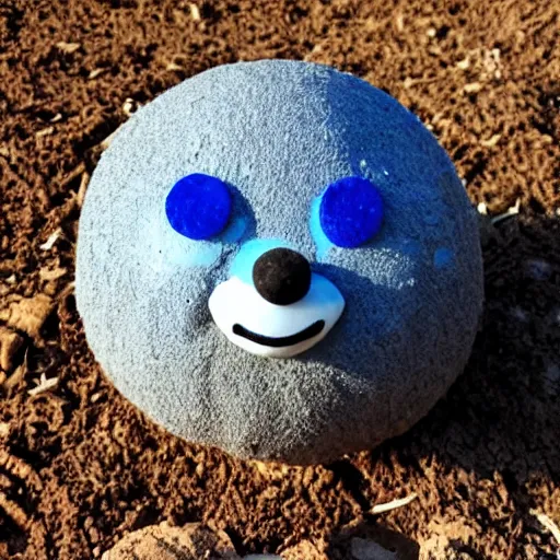 Image similar to photo of a small round creature made of dirt with round blue eyes and a round clown nose and a cute smile