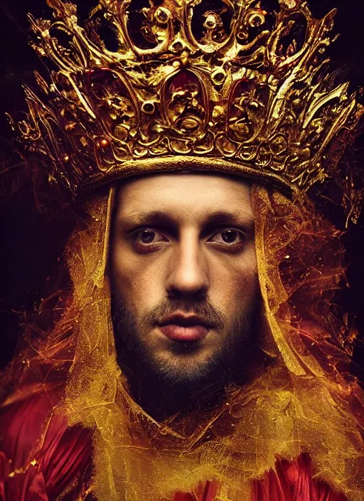 Image similar to 'Portrait of Crowned King Arthur' by Lee Jeffries royally decorated, whirling plasma, atmospheric motes, red and gold Sumptuous garb, gilt silk fabric, radiant colors, fantasy, perfect lighting, studio lit, micro details,