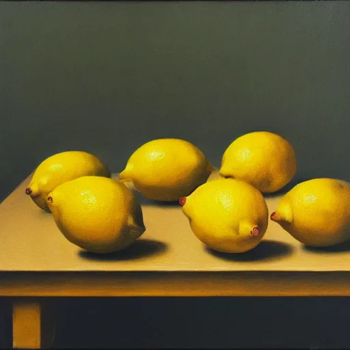 Prompt: a painting of a bunch of lemons on a table, a surrealist painting by zdzisław beksinski, trending on cgsociety, vanitas, cyanotype, apocalypse landscape, photo taken with provia