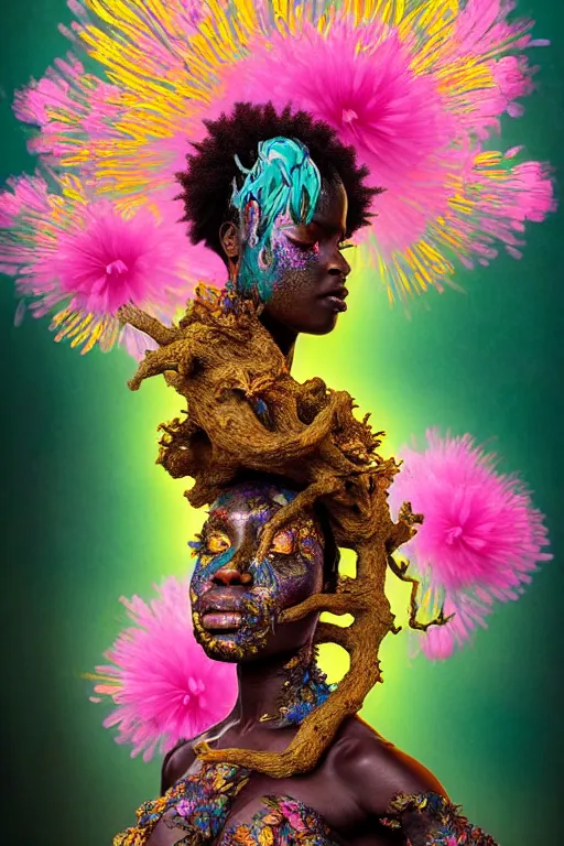 Image similar to high quality photo neo - rococo cinematic super expressive! yoruba goddess with exoskeleton armor, merging with tree in a forest, pink yellow flowers, highly detailed digital art masterpiece, smooth etienne sandorfi eric zener dramatic pearlescent soft teal light, ground angle hd 8 k, sharp focus