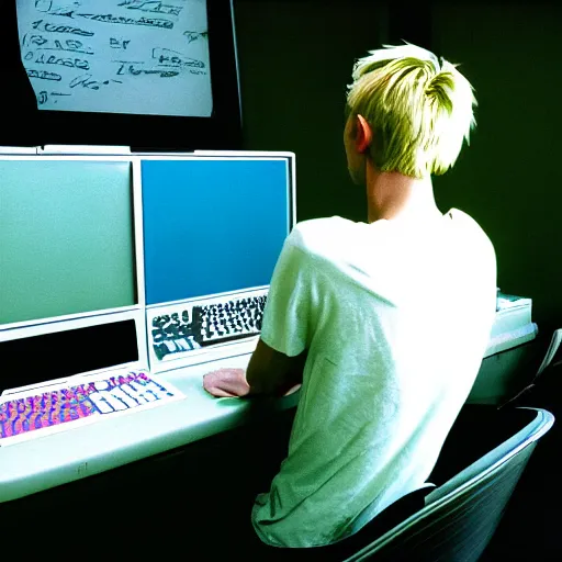 Image similar to kodak portra 4 0 0 photograph of a skinny blonde guy sitting at a 9 0 s computer screen, messy desk, back view, moody lighting, telephoto, 9 0 s vibe, blurry background, vaporwave colors!, faded!,