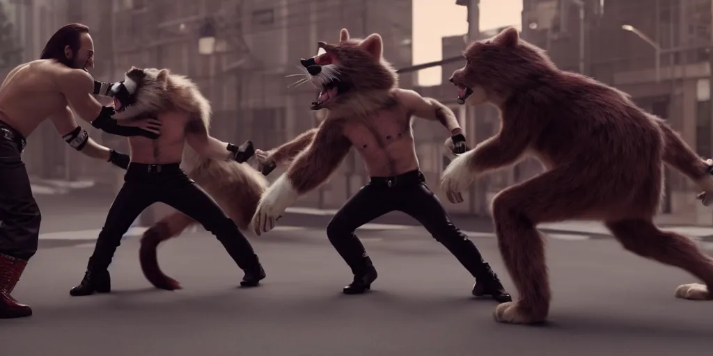 Image similar to nicolas cage beating up furry cosplayers, 8 k, octane render, choreographed fight scene, composition,