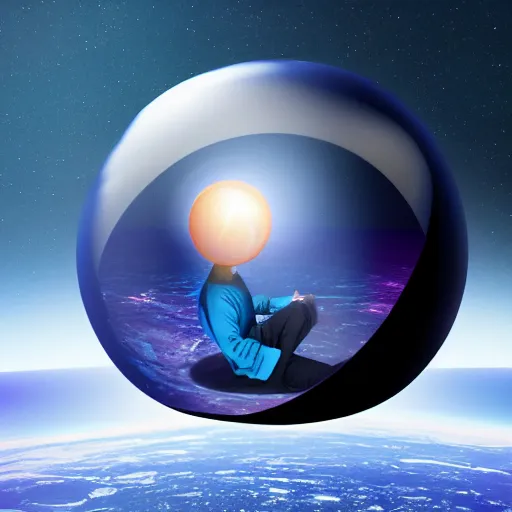 Image similar to a young man alone in a transparent spherical capsule in the middle of outer space, digital art