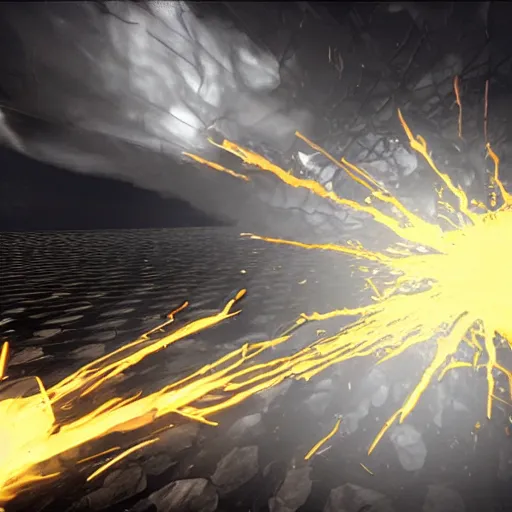 Image similar to An exploding jet-black skeleton explodes, negative photography, unreal engine, molecules flying