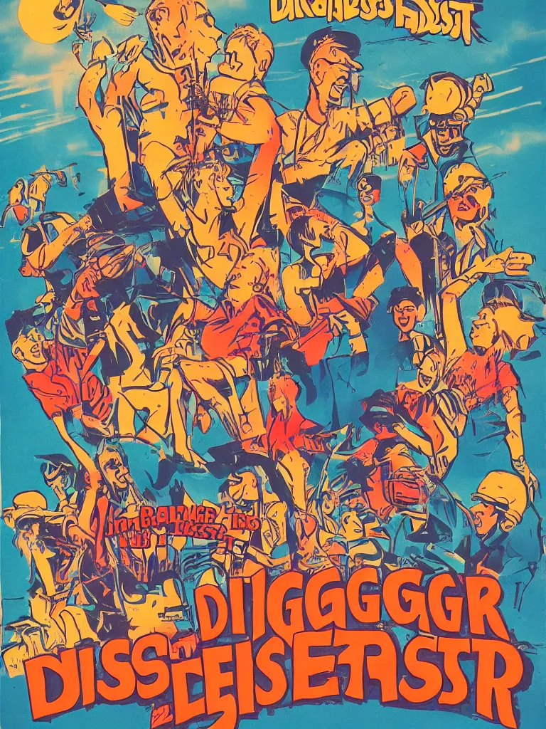 Image similar to poster for the diggerfest festival, digger land amusement park, concert, couple dancing, really good vibes, creative, 1 9 8 0 s, aesthetic