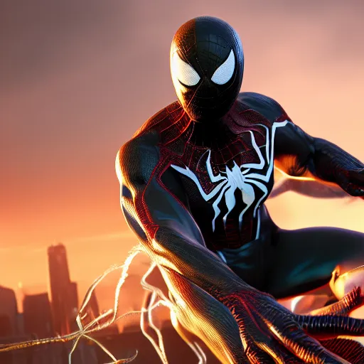 Image similar to a single venom and spider - man hybrid, dslr, cinematic, volumetric lighting, 8 k resolution, photorealistic