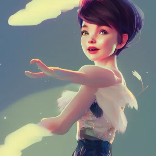 Image similar to cute pixie bjork dancing in a new music video, a look of wonder on her face, ambient lighting, 4 k, lois van baarle, ilya kuvshinov, rossdraws, alphonse mucha, jung gi kim, artstation