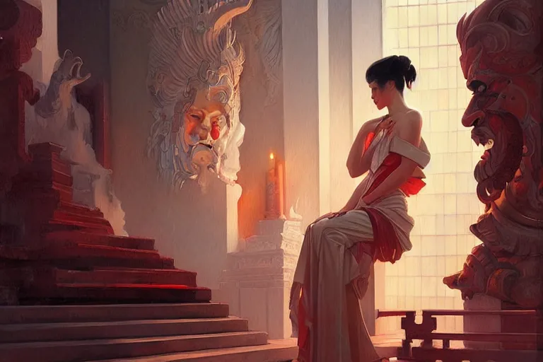 Image similar to temple, taoism, painting by greg rutkowski, j. c. leyendecker, artgerm