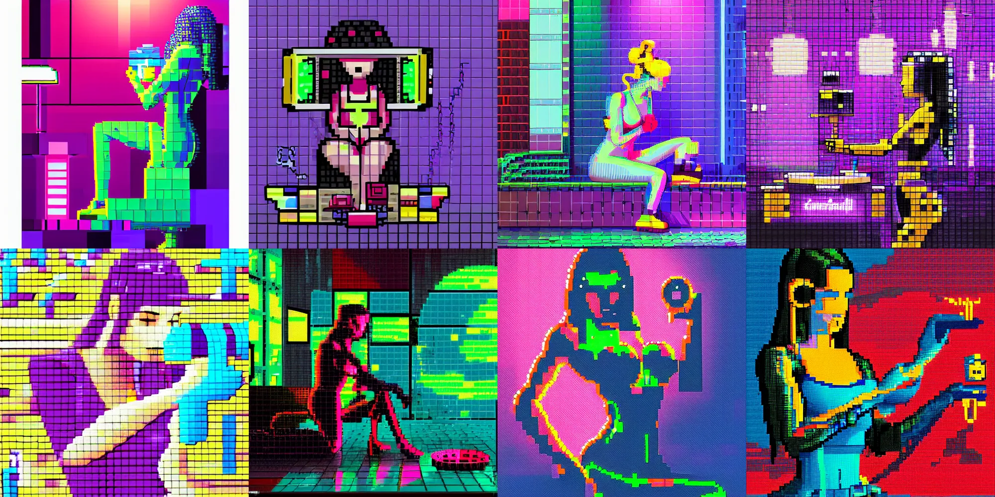 Prompt: cyberpunk pixel art, woman in oil bath cleaning her sprockets, detailed, blocky, neon