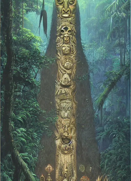 Image similar to a totem in the jungle surrounded by mist, representing amazonian shamanic traditions, tribal masks, symetrical totem, hyper detailed, art by christophe vacher