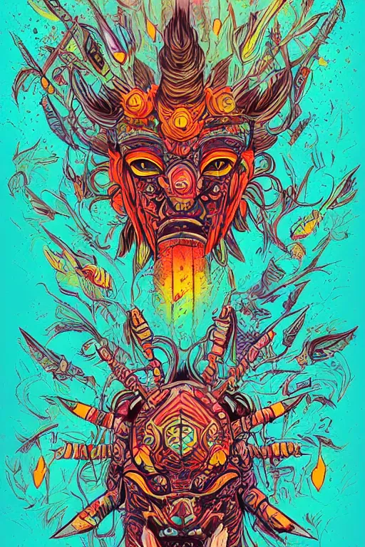 Image similar to totem animal tribal chaman vodoo mask feather gemstone plant wood rock video game illustration vivid color borderlands by josan gonzales and dan mumford radiating a glowing aura