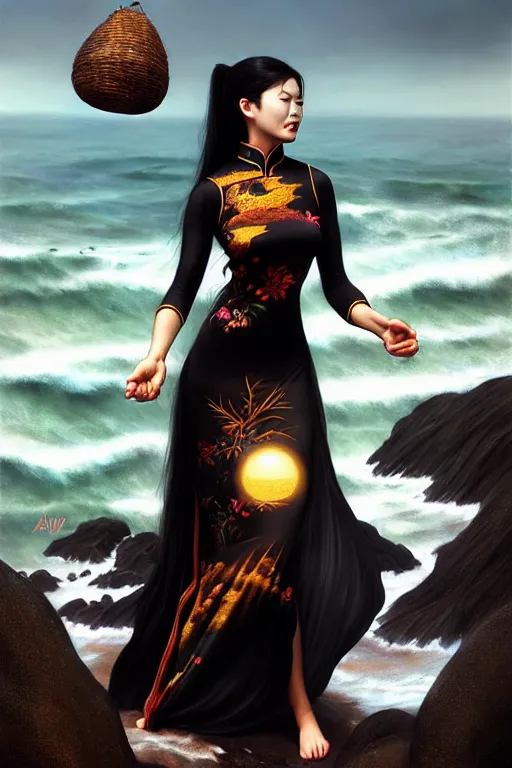 Prompt: photorealistic portrait of a dark mystical goddess wearing a qipao dress, ao dai, big sun rough sea and jagged rocks, nets, plastic bottles, garbage, sand and sea, golden hour, environmental, fantasy, atmospheric, hyper realistic, artstation, art by artgerm, andres rodriguez and john william waterhouse