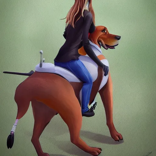 Image similar to girl riding a giant doberman dog in the park, trending on artstation