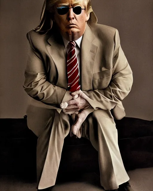 Image similar to donald trump as the big lebowski, photorealistic, photographed in the style of annie leibovitz