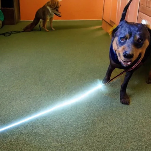 Image similar to enid the dog chasing a laser.