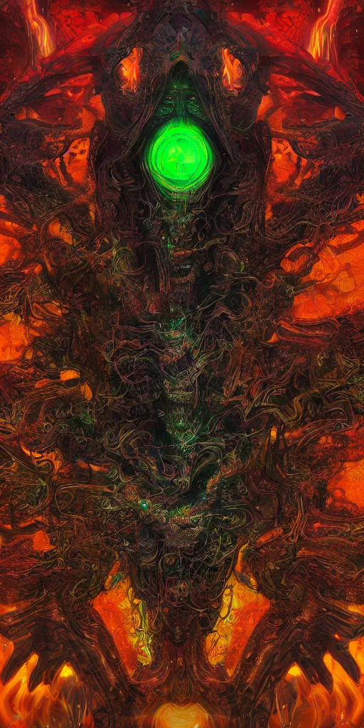 Image similar to impossibly beautiful alien god blots out the sun and unleashes an army of demons on the world, epic scale, intricate complexity, horror, psychedelic glitch art, rainbow drip paint, trending on art station, photoreal, 8k, octane render